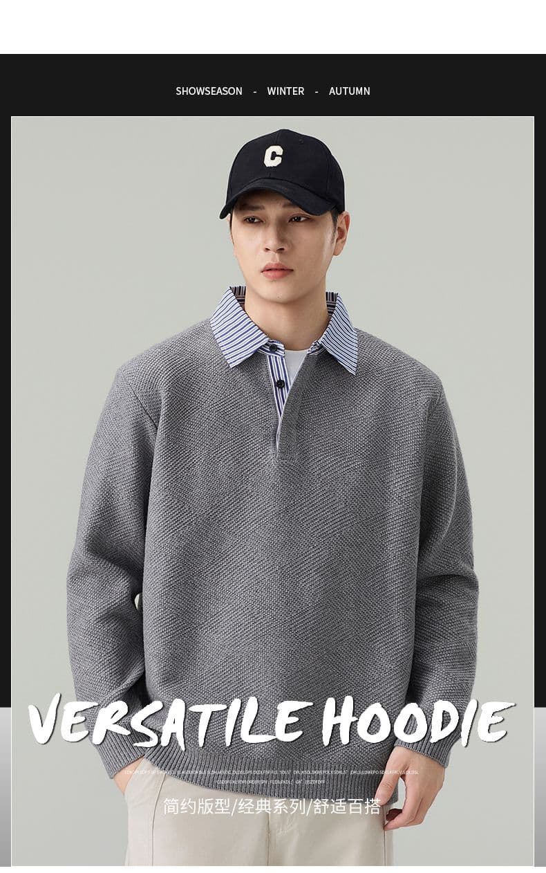 실사 2026 가을 겨울 새로운 페이크 레이어드 POLO 셔츠 스웨터 남녀 오래된 돈 바람 두꺼운 니트 스웨터 맨위 상세 이미지 1