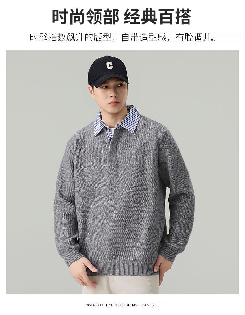 실사 2026 가을 겨울 새로운 페이크 레이어드 POLO 셔츠 스웨터 남녀 오래된 돈 바람 두꺼운 니트 스웨터 맨위 상세 이미지 4