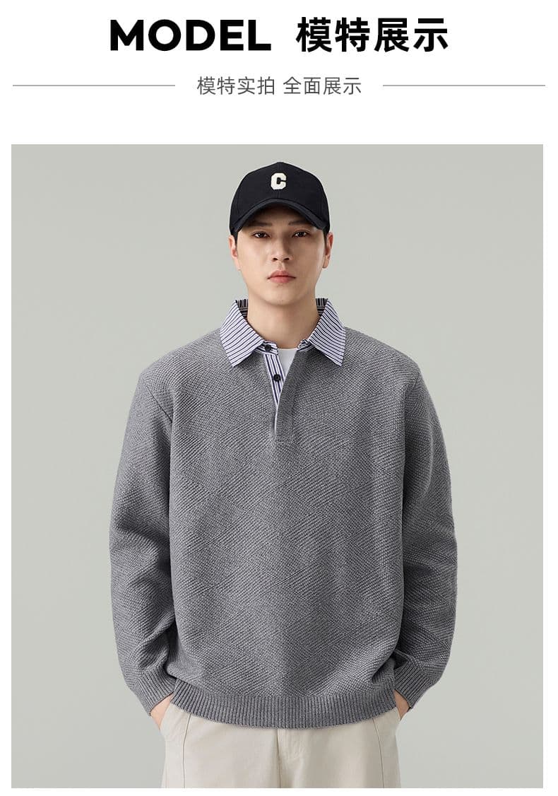 실사 2026 가을 겨울 새로운 페이크 레이어드 POLO 셔츠 스웨터 남녀 오래된 돈 바람 두꺼운 니트 스웨터 맨위 상세 이미지 12
