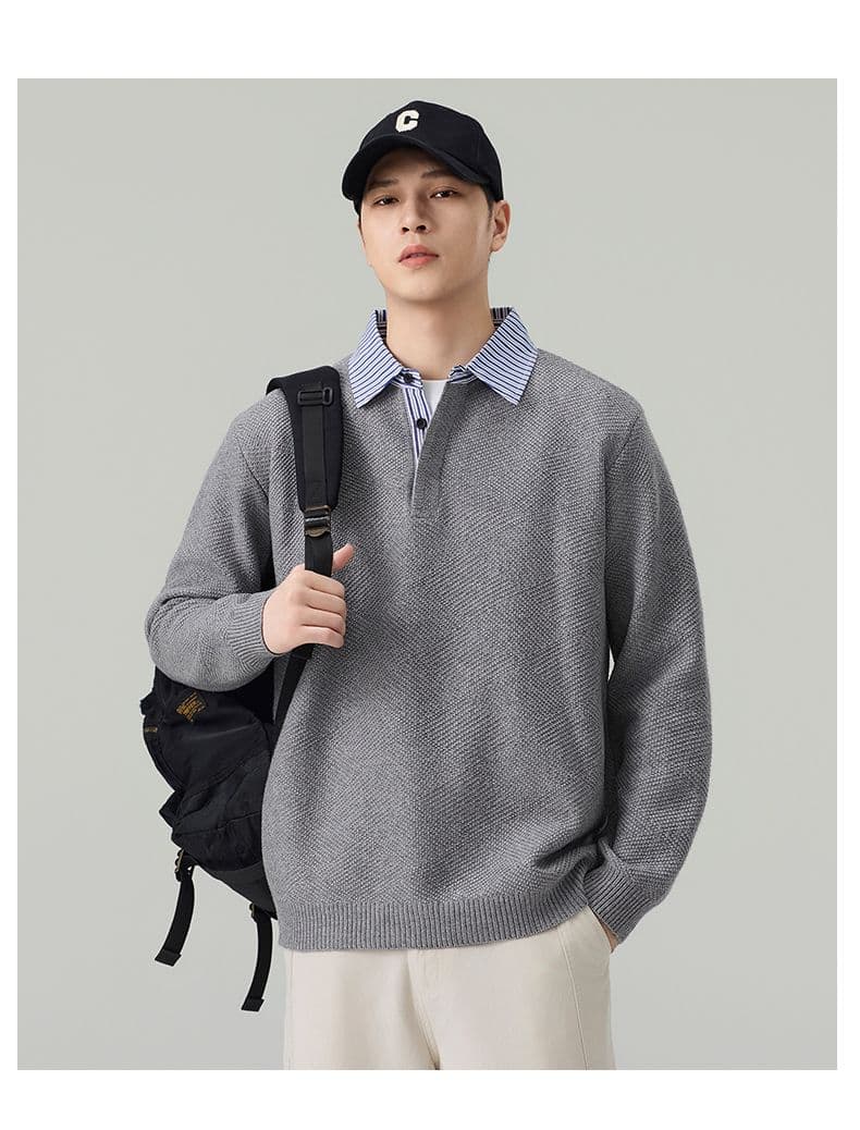 실사 2026 가을 겨울 새로운 페이크 레이어드 POLO 셔츠 스웨터 남녀 오래된 돈 바람 두꺼운 니트 스웨터 맨위 상세 이미지 15