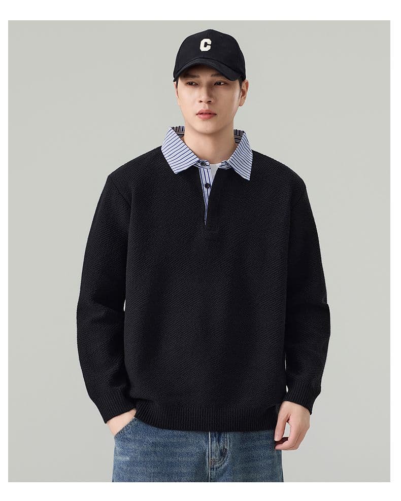 실사 2026 가을 겨울 새로운 페이크 레이어드 POLO 셔츠 스웨터 남녀 오래된 돈 바람 두꺼운 니트 스웨터 맨위 상세 이미지 17