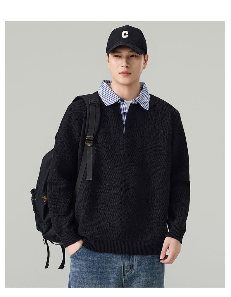 실사 2026 가을 겨울 새로운 페이크 레이어드 POLO 셔츠 스웨터 남녀 오래된 돈 바람 두꺼운 니트 스웨터 맨위 상세 이미지 20