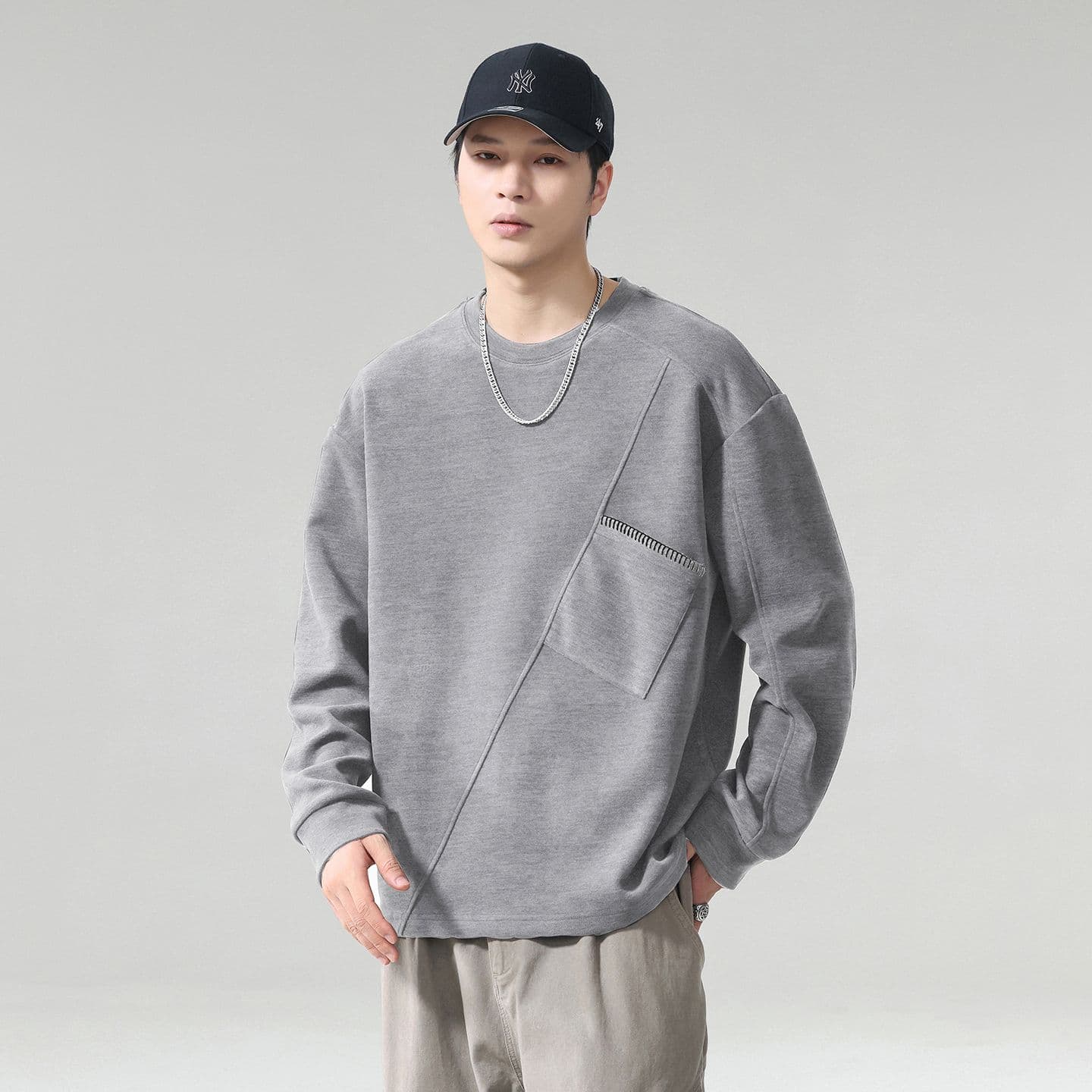 실사 2026 가을 겨울 새로운 패치워크 후드티 남자 고밀도 프로 피부 부드러운 찹쌀 아니요 넥타이 피부 통기성 편안함 출퇴근 맨위 이미지 2