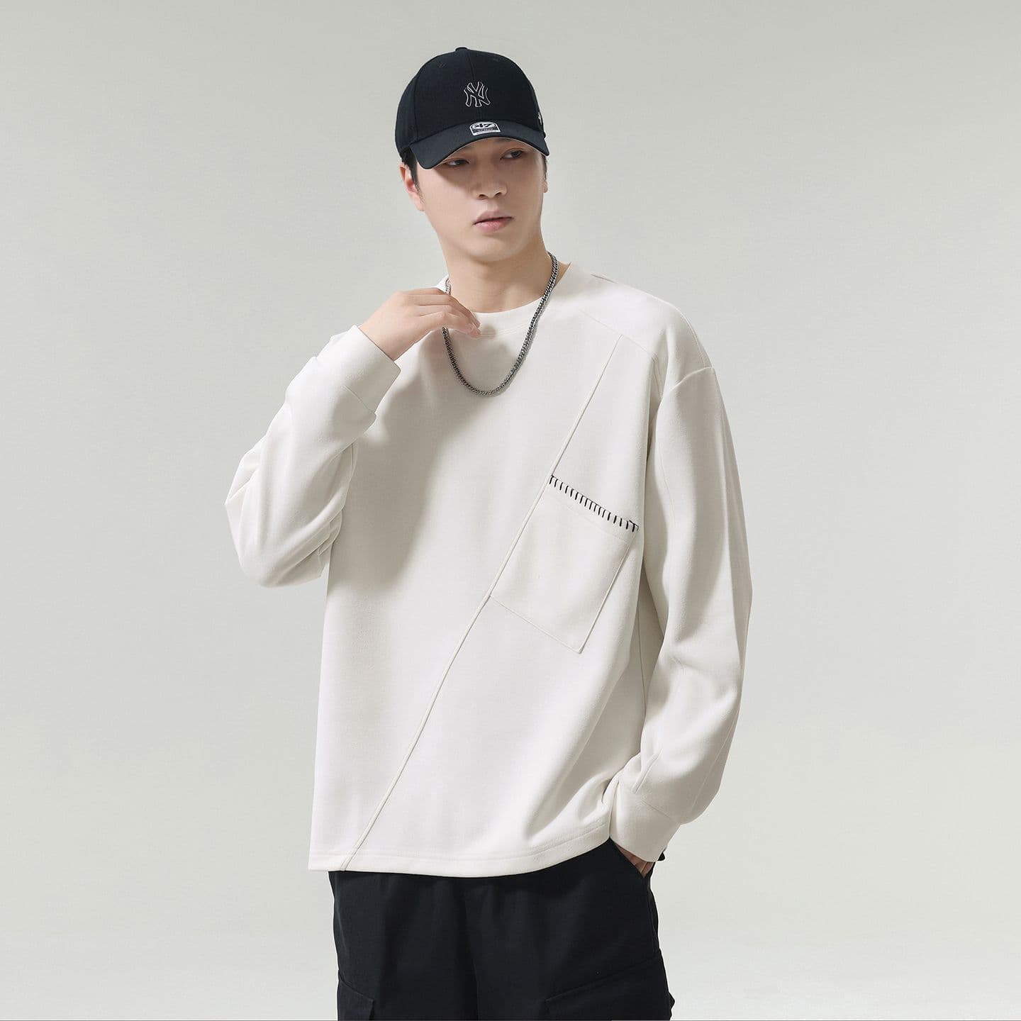 실사 2026 가을 겨울 새로운 패치워크 후드티 남자 고밀도 프로 피부 부드러운 찹쌀 아니요 넥타이 피부 통기성 편안함 출퇴근 맨위 이미지 4
