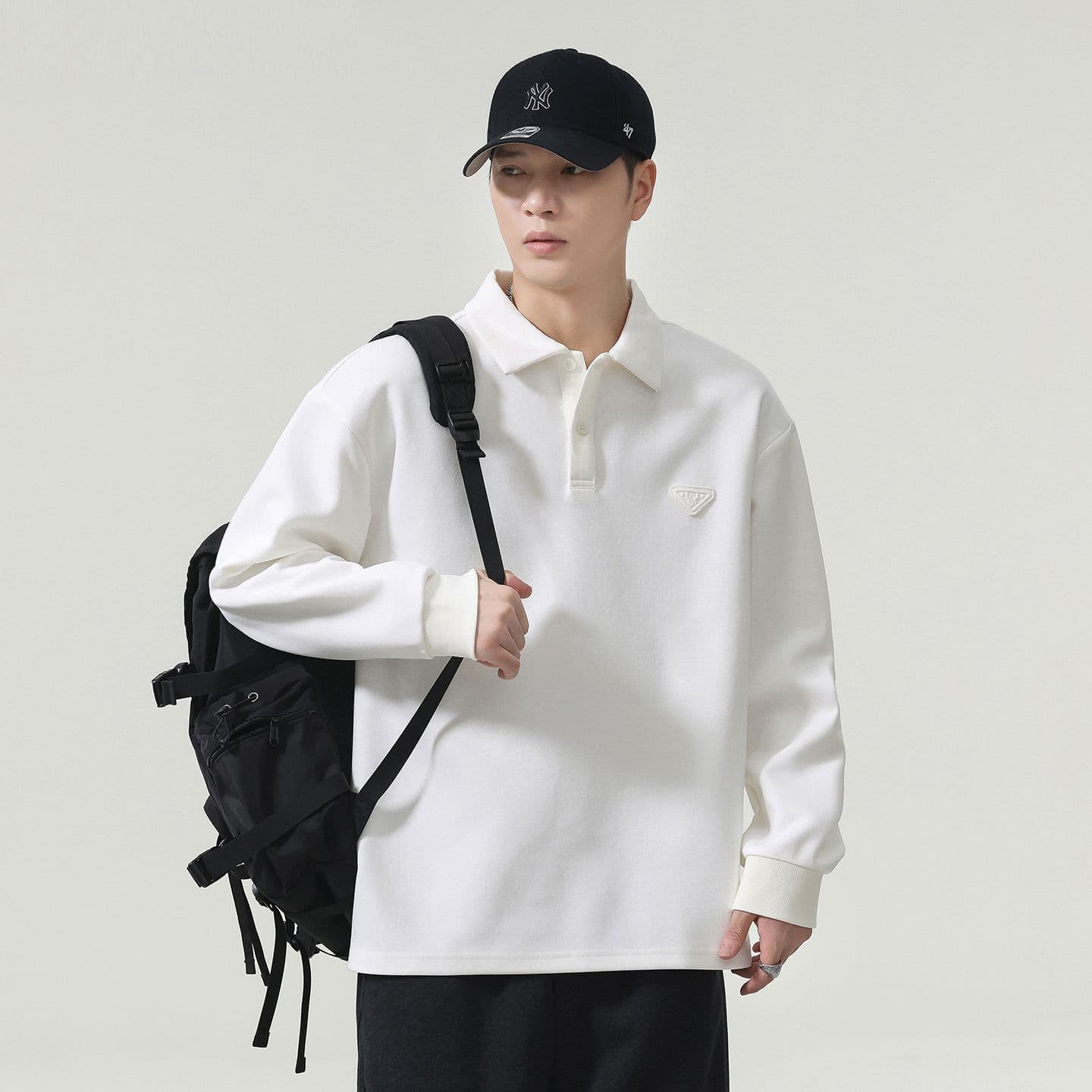 실사 가을 겨울 새로운 POLO 칼라 긴팔 후드티 남자 루즈핏 폴로 칼라 풀오버 셔츠 미니멀리즘 캐주얼 일상 출퇴근