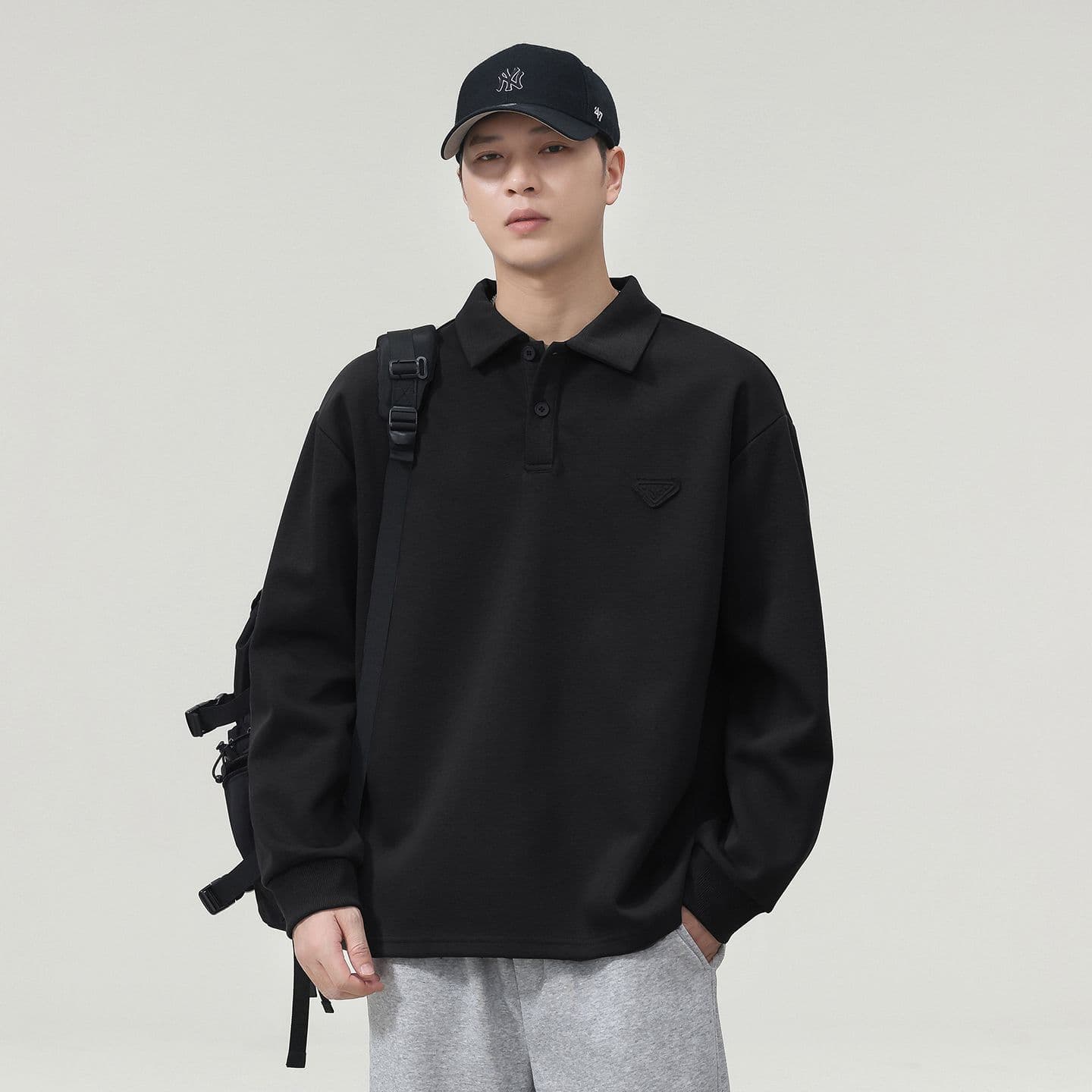 실사 가을 겨울 새로운 POLO 칼라 긴팔 후드티 남자 루즈핏 폴로 칼라 풀오버 셔츠 미니멀리즘 캐주얼 일상 출퇴근 이미지 2