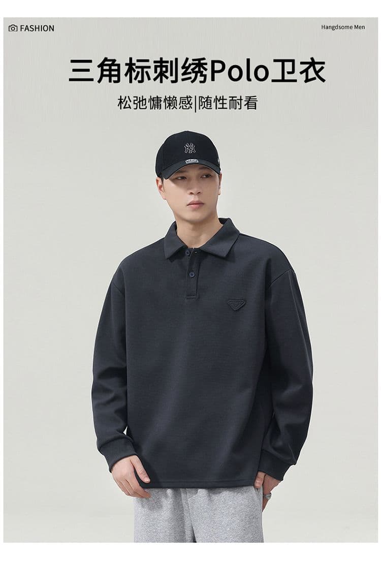 실사 가을 겨울 새로운 POLO 칼라 긴팔 후드티 남자 루즈핏 폴로 칼라 풀오버 셔츠 미니멀리즘 캐주얼 일상 출퇴근 상세 이미지 1