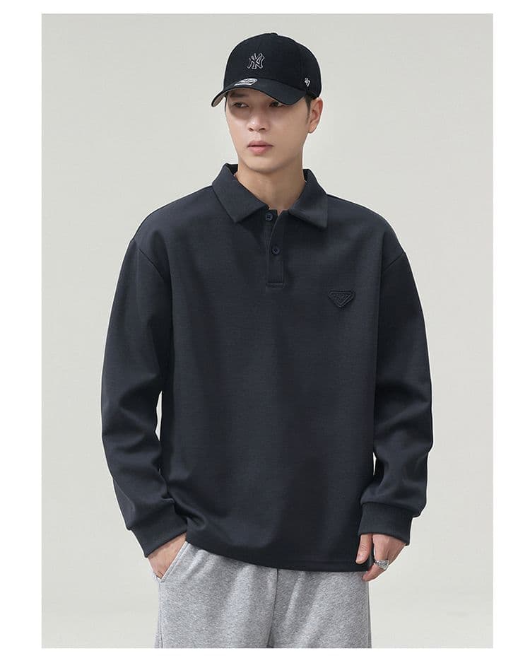 실사 가을 겨울 새로운 POLO 칼라 긴팔 후드티 남자 루즈핏 폴로 칼라 풀오버 셔츠 미니멀리즘 캐주얼 일상 출퇴근 상세 이미지 11