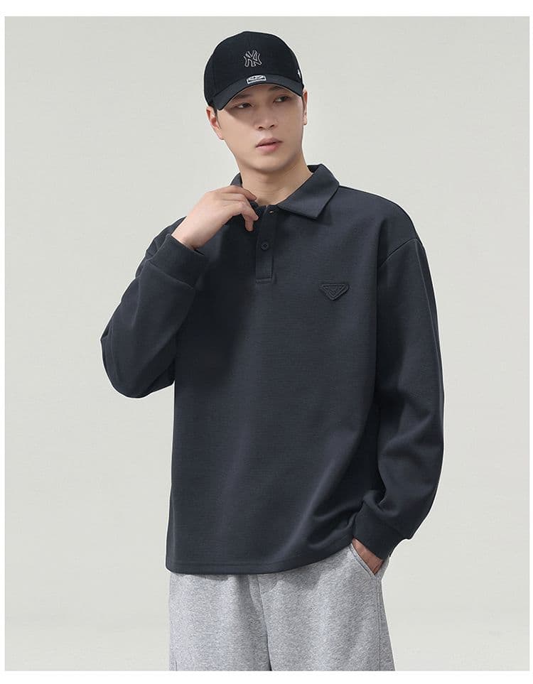 실사 가을 겨울 새로운 POLO 칼라 긴팔 후드티 남자 루즈핏 폴로 칼라 풀오버 셔츠 미니멀리즘 캐주얼 일상 출퇴근 상세 이미지 12