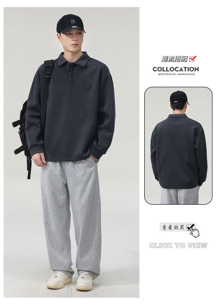 실사 가을 겨울 새로운 POLO 칼라 긴팔 후드티 남자 루즈핏 폴로 칼라 풀오버 셔츠 미니멀리즘 캐주얼 일상 출퇴근 상세 이미지 13