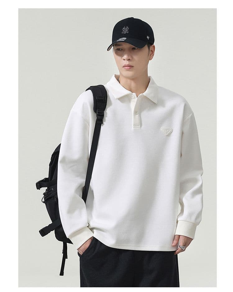 실사 가을 겨울 새로운 POLO 칼라 긴팔 후드티 남자 루즈핏 폴로 칼라 풀오버 셔츠 미니멀리즘 캐주얼 일상 출퇴근 상세 이미지 15