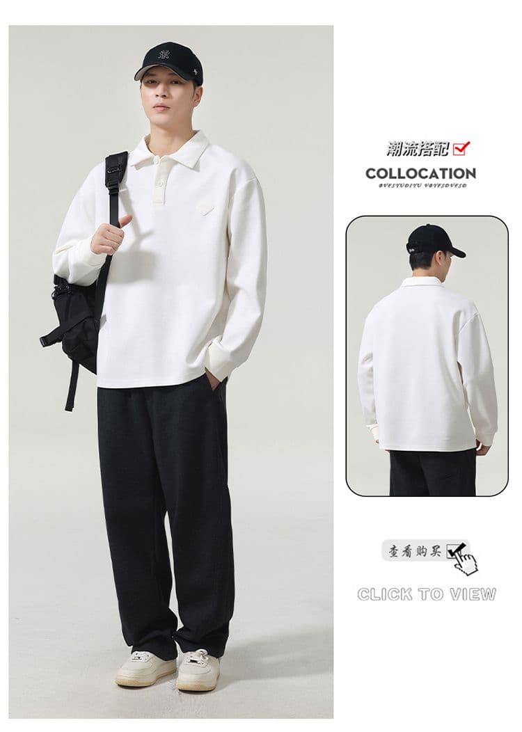 실사 가을 겨울 새로운 POLO 칼라 긴팔 후드티 남자 루즈핏 폴로 칼라 풀오버 셔츠 미니멀리즘 캐주얼 일상 출퇴근 상세 이미지 17