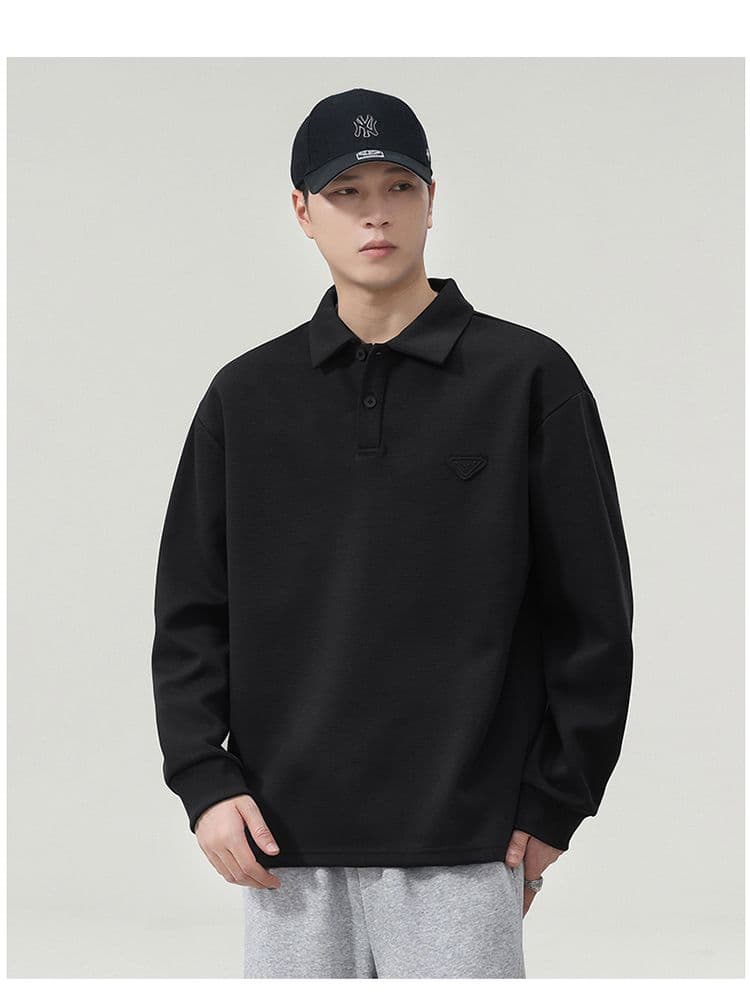 실사 가을 겨울 새로운 POLO 칼라 긴팔 후드티 남자 루즈핏 폴로 칼라 풀오버 셔츠 미니멀리즘 캐주얼 일상 출퇴근 상세 이미지 18