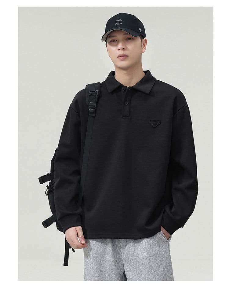 실사 가을 겨울 새로운 POLO 칼라 긴팔 후드티 남자 루즈핏 폴로 칼라 풀오버 셔츠 미니멀리즘 캐주얼 일상 출퇴근 상세 이미지 19