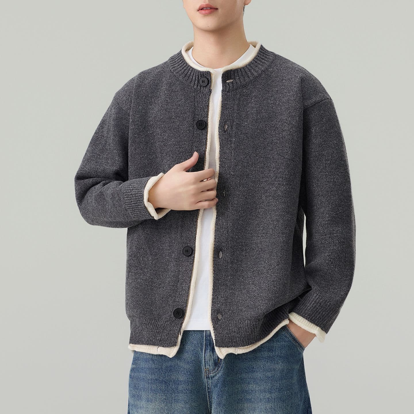 실사 2026 가을 겨울 새로운 아메리칸 조수 브랜드 페이크 레이어드 니트 단추 카디건 코트 남성 재킷 스웨터 이미지 4