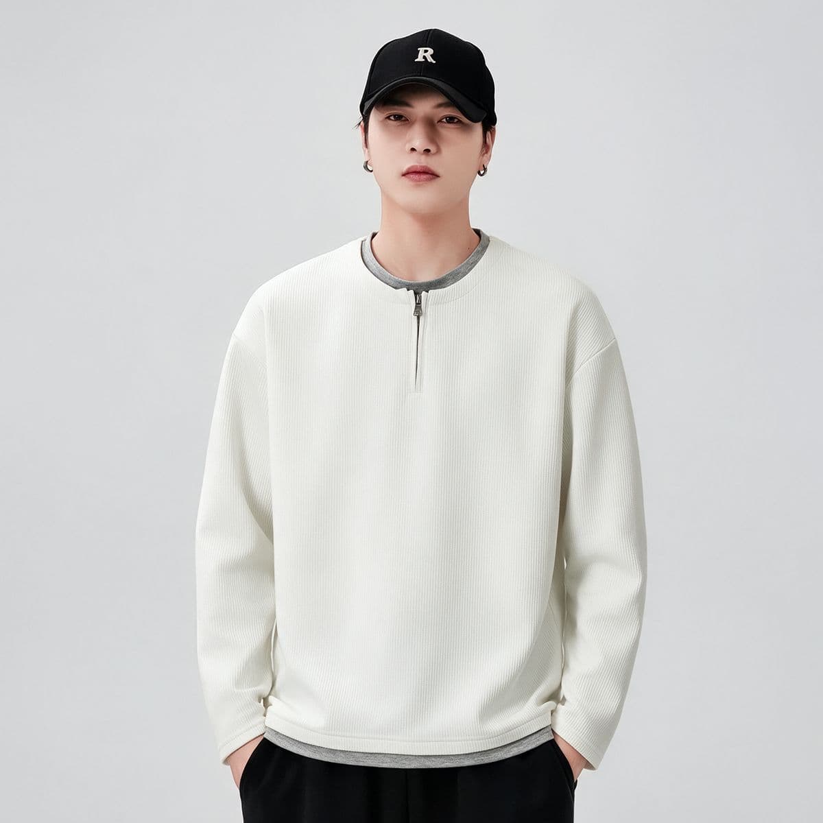 실사 2026 가을 겨울 새로운 페이크 레이어드 하프 지퍼 후드티 남성 풀오버 트렌드 와 성별 다용도 출퇴근 맨위
