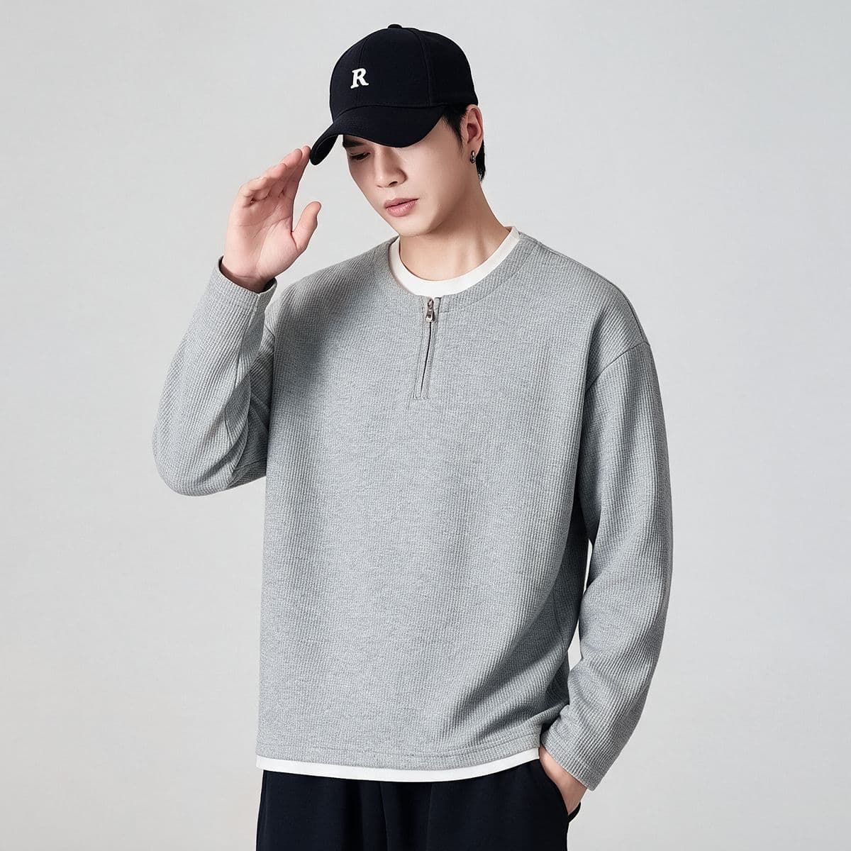 실사 2026 가을 겨울 새로운 페이크 레이어드 하프 지퍼 후드티 남성 풀오버 트렌드 와 성별 다용도 출퇴근 맨위 이미지 2