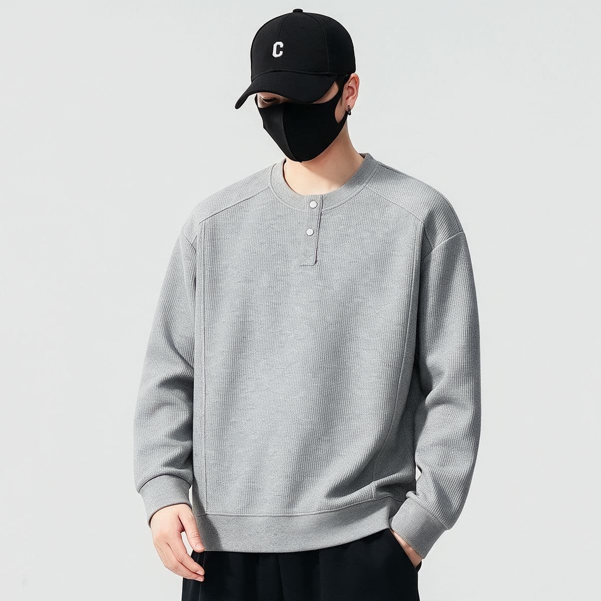 실사 가을 겨울 새로운 조수 브랜드 하프 단추 디자인 라운드 넥 후드티 남자 풀오버 트렌드 와 성별 다용도 신축성 맨위