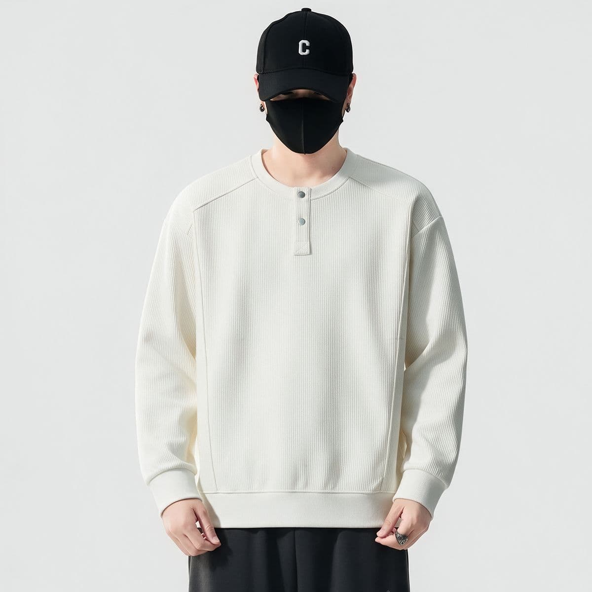 실사 가을 겨울 새로운 조수 브랜드 하프 단추 디자인 라운드 넥 후드티 남자 풀오버 트렌드 와 성별 다용도 신축성 맨위 이미지 2