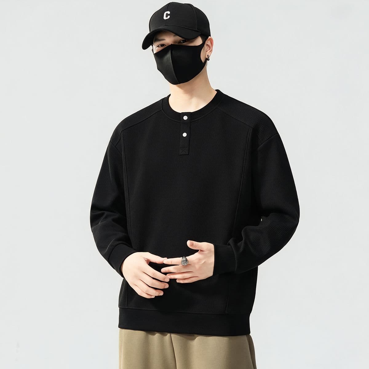 실사 가을 겨울 새로운 조수 브랜드 하프 단추 디자인 라운드 넥 후드티 남자 풀오버 트렌드 와 성별 다용도 신축성 맨위 이미지 3