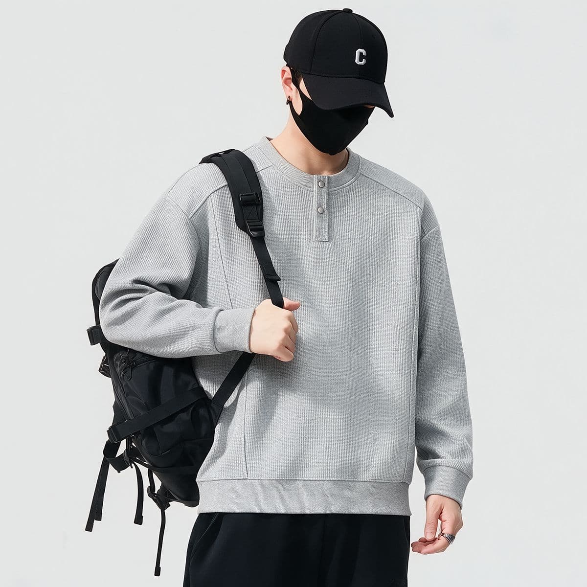 실사 가을 겨울 새로운 조수 브랜드 하프 단추 디자인 라운드 넥 후드티 남자 풀오버 트렌드 와 성별 다용도 신축성 맨위 이미지 4