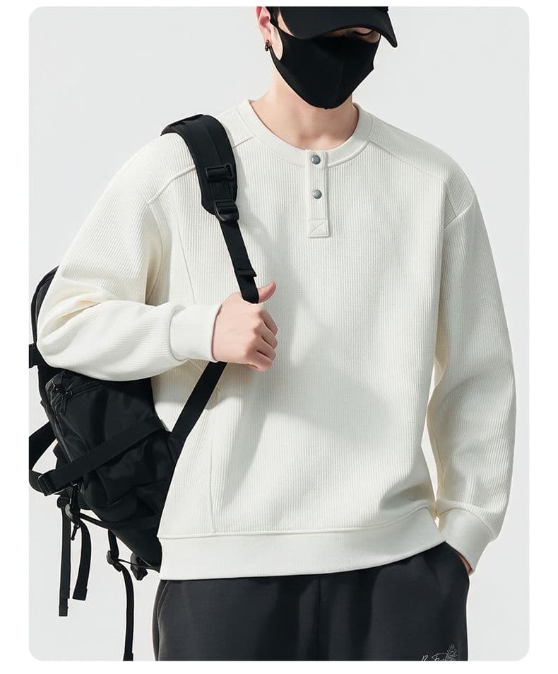 실사 가을 겨울 새로운 조수 브랜드 하프 단추 디자인 라운드 넥 후드티 남자 풀오버 트렌드 와 성별 다용도 신축성 맨위 상세 이미지 3