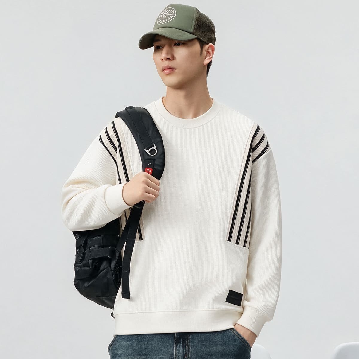 실사 가을 겨울 새로운 조수 브랜드 패치워크 디자인 라운드 넥 후드티 남성 풀오버 트렌드 와 성별 다용도 신축성 맨위