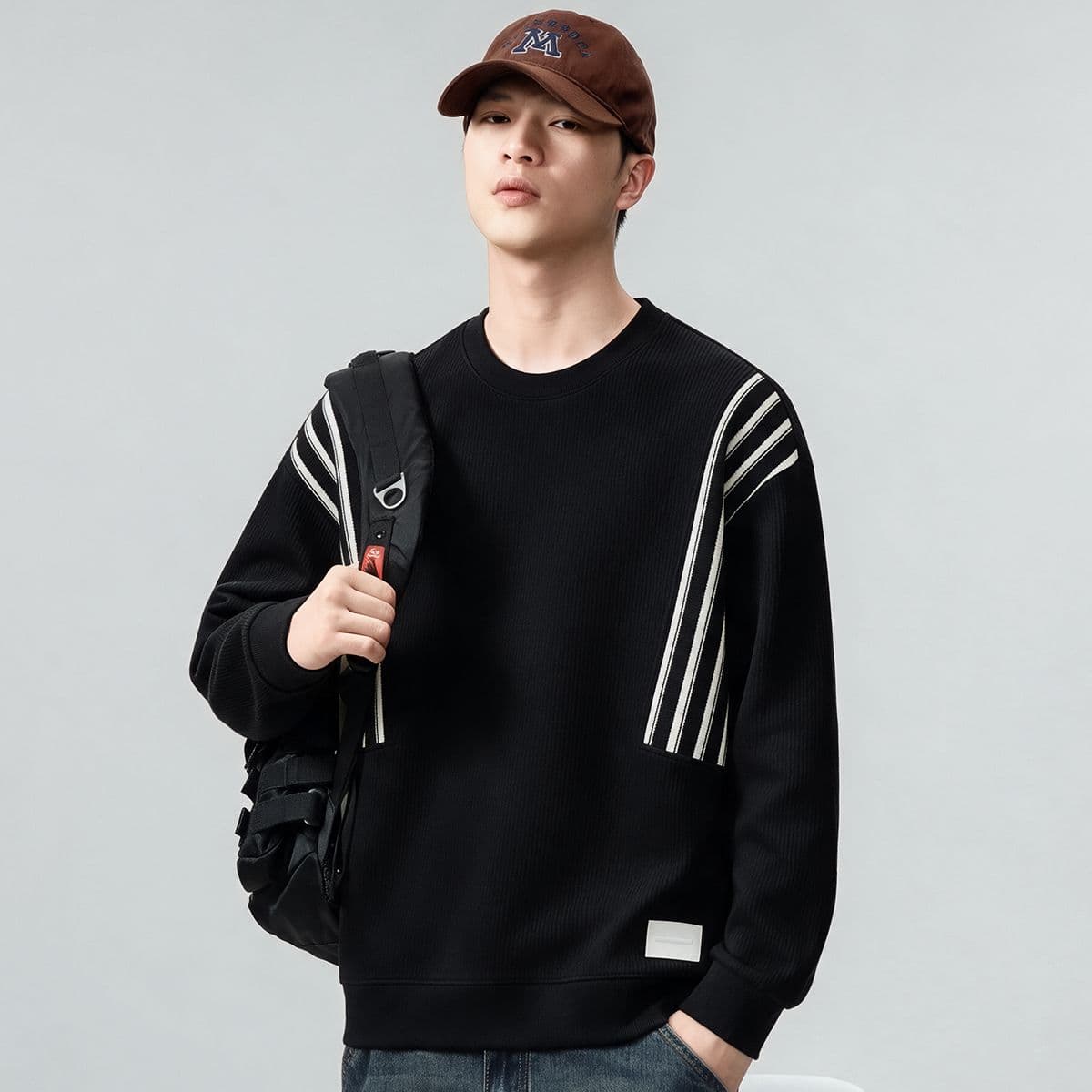 실사 가을 겨울 새로운 조수 브랜드 패치워크 디자인 라운드 넥 후드티 남성 풀오버 트렌드 와 성별 다용도 신축성 맨위 이미지 2