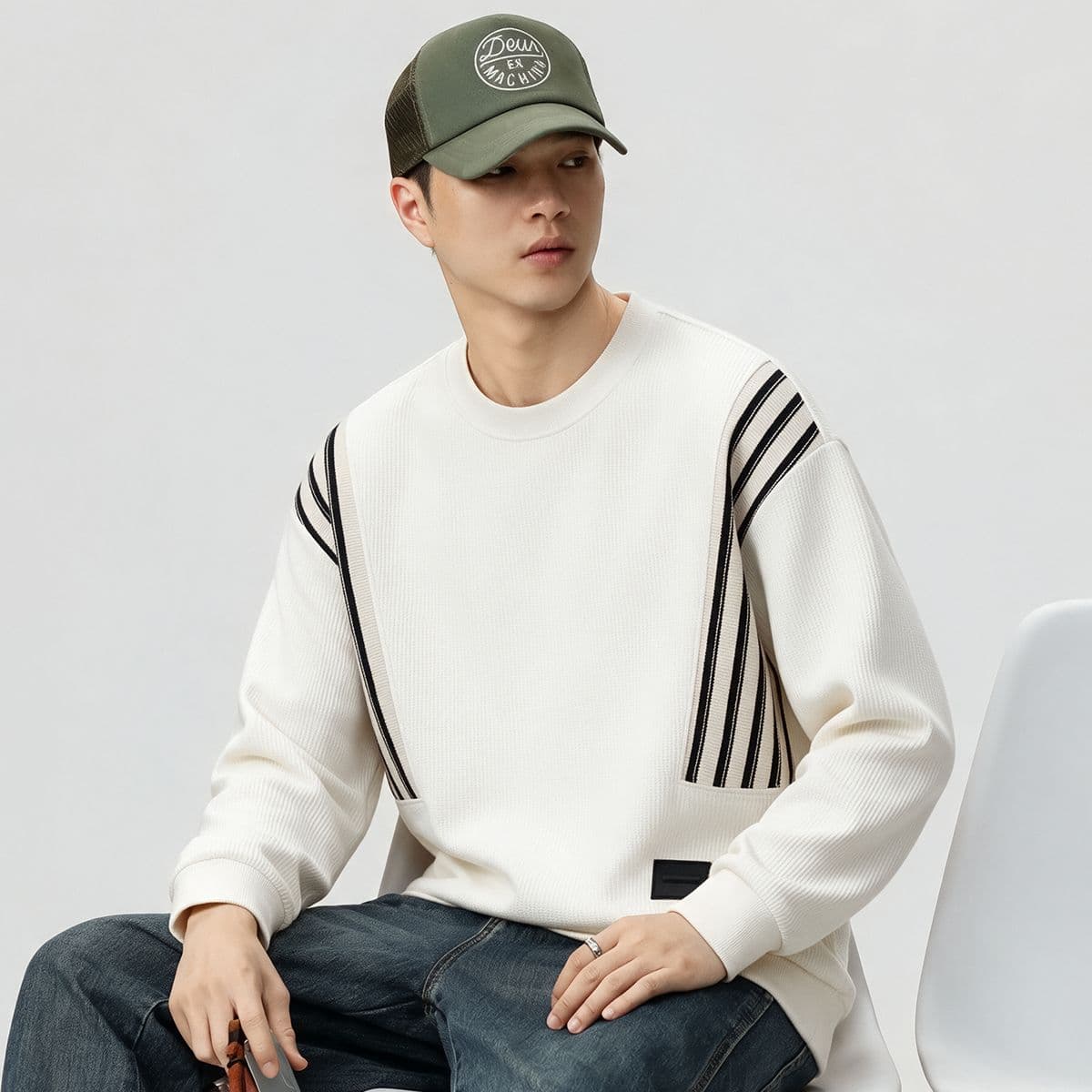 실사 가을 겨울 새로운 조수 브랜드 패치워크 디자인 라운드 넥 후드티 남성 풀오버 트렌드 와 성별 다용도 신축성 맨위 이미지 3