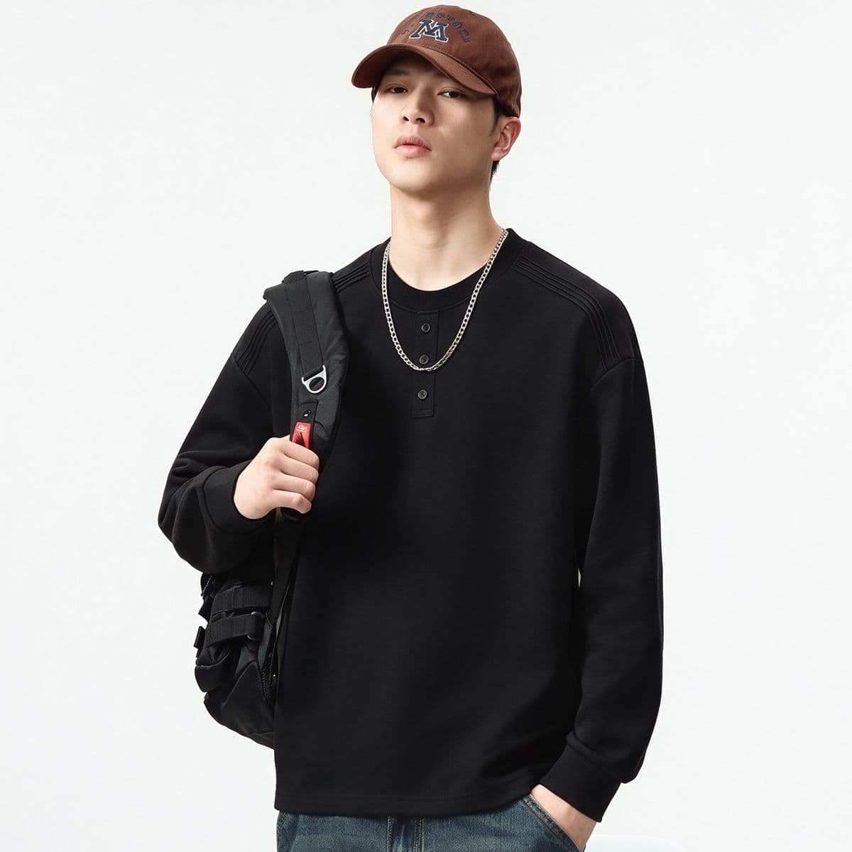실사 가을 겨울 새로운 조수 브랜드 하프 단추 디자인 라운드 넥 후드티 남성 풀오버 미니멀리즘 다용도 신축성 맨위
