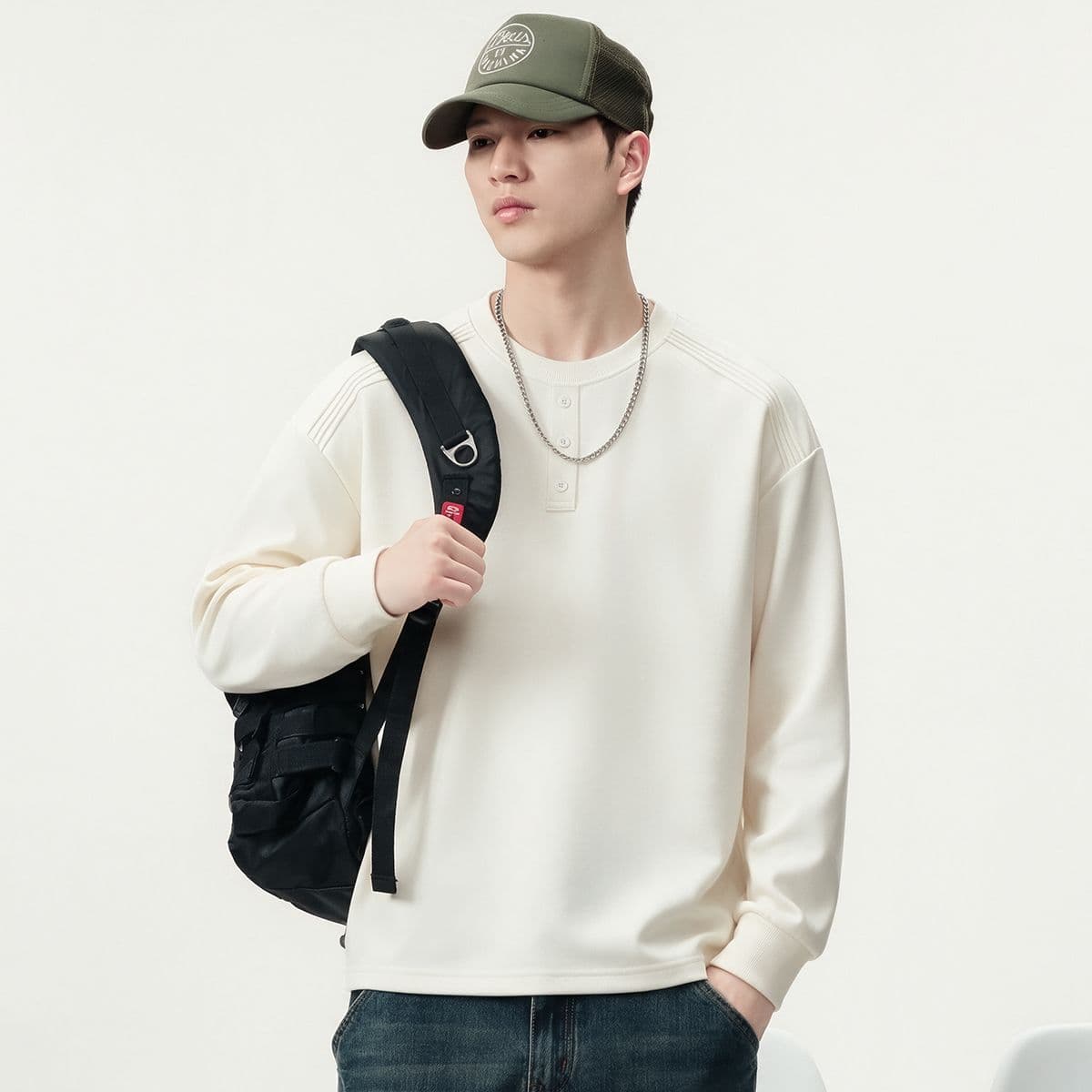 실사 가을 겨울 새로운 조수 브랜드 하프 단추 디자인 라운드 넥 후드티 남성 풀오버 미니멀리즘 다용도 신축성 맨위 이미지 2