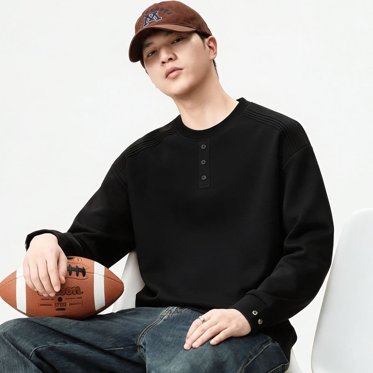 실사 가을 겨울 새로운 조수 브랜드 하프 단추 디자인 라운드 넥 후드티 남성 풀오버 미니멀리즘 다용도 신축성 맨위 이미지 3