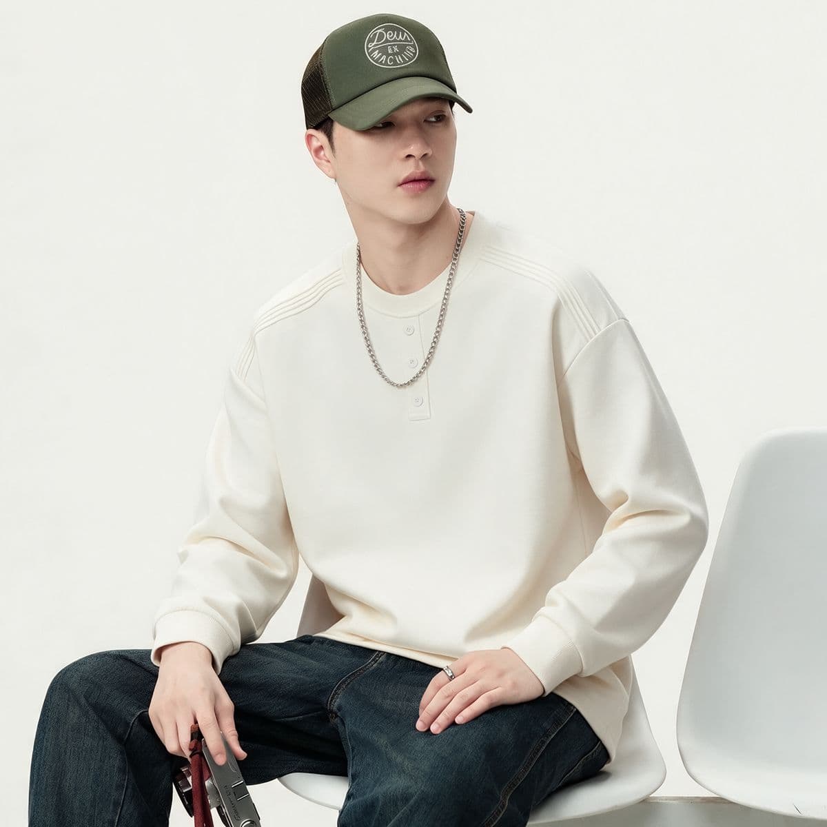 실사 가을 겨울 새로운 조수 브랜드 하프 단추 디자인 라운드 넥 후드티 남성 풀오버 미니멀리즘 다용도 신축성 맨위 이미지 4