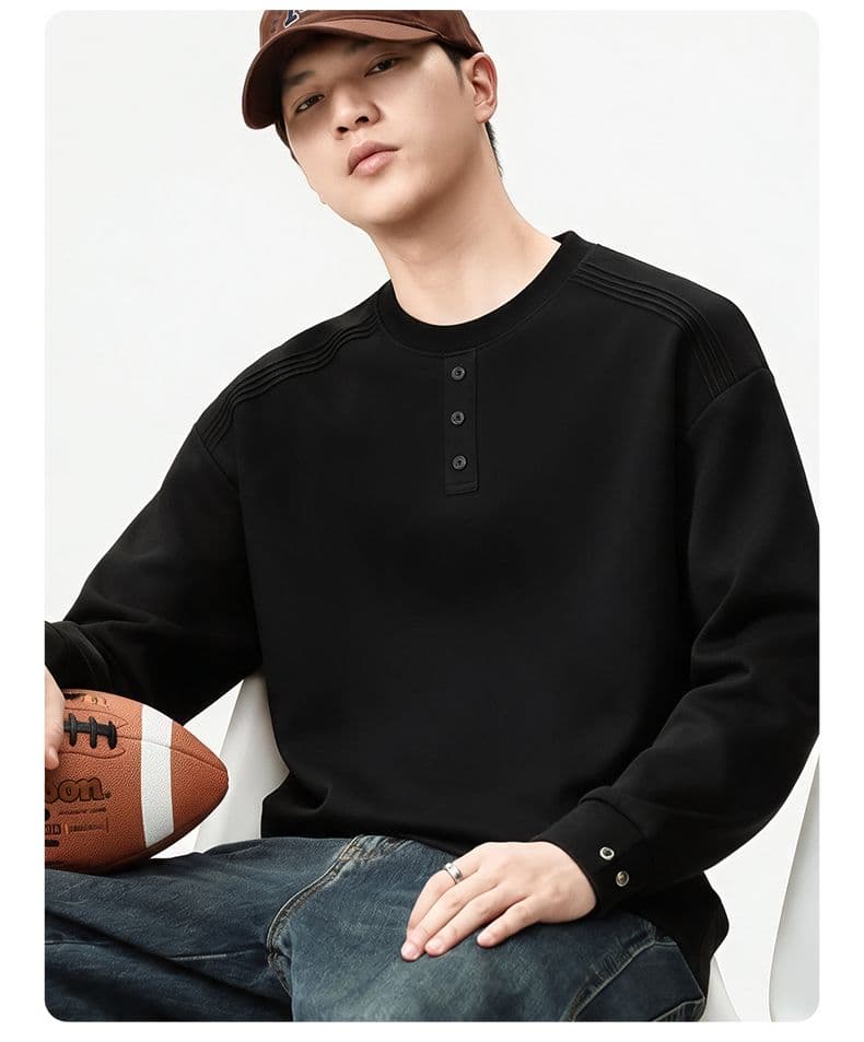 실사 가을 겨울 새로운 조수 브랜드 하프 단추 디자인 라운드 넥 후드티 남성 풀오버 미니멀리즘 다용도 신축성 맨위 상세 이미지 3