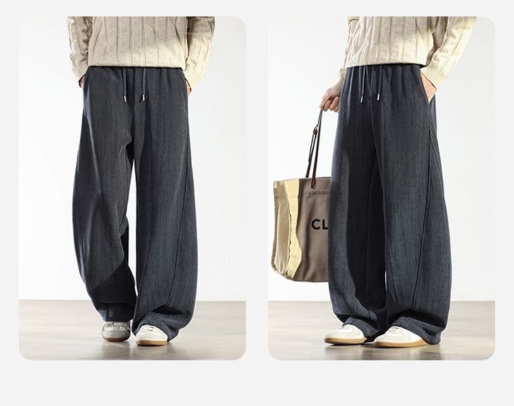 실사 가을 겨울 새로운 오래된 돈 바람 대나무 마디 곡물 자카드 질감 하프 밴딩 도루 가을 센스 니트 넓은 다리 캐주얼 바지 남자 상세 이미지 12