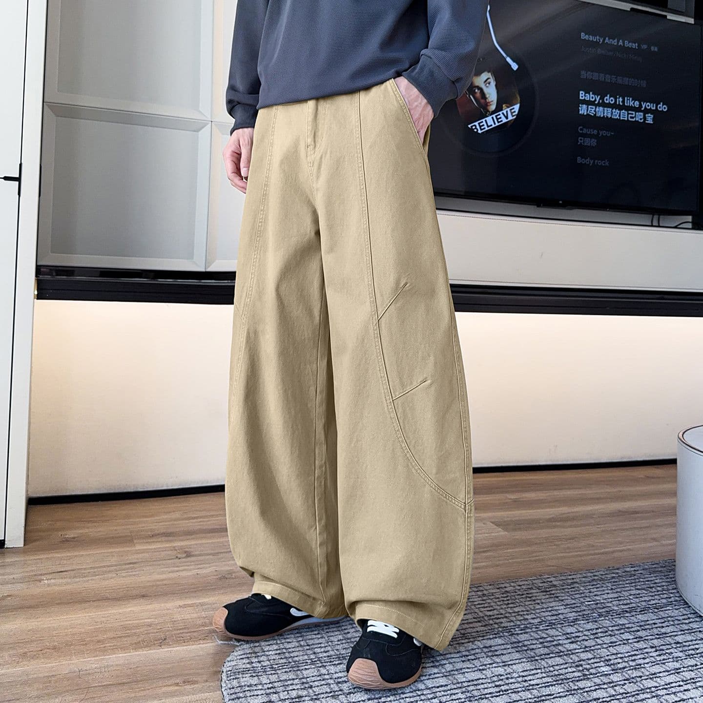 실사 가을 겨울 새로운 한국 스타일 하프 밴딩 순면 워시 퇴색 한 아메리칸 주름 워싱 모통이 칼 루즈핏 워크웨어 팬츠 이미지 2