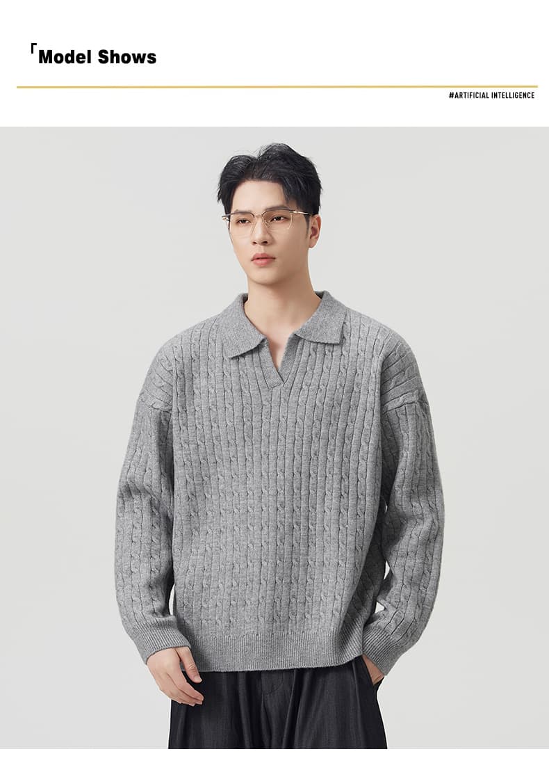 실사 가을 겨울 빛 요리 한 남성 POLO 셔츠 오래된 돈 폴로 칼라 트위스트 꽃 니트 스웨터 스웨터 느긋한 학원 스웨터 상세 이미지 8