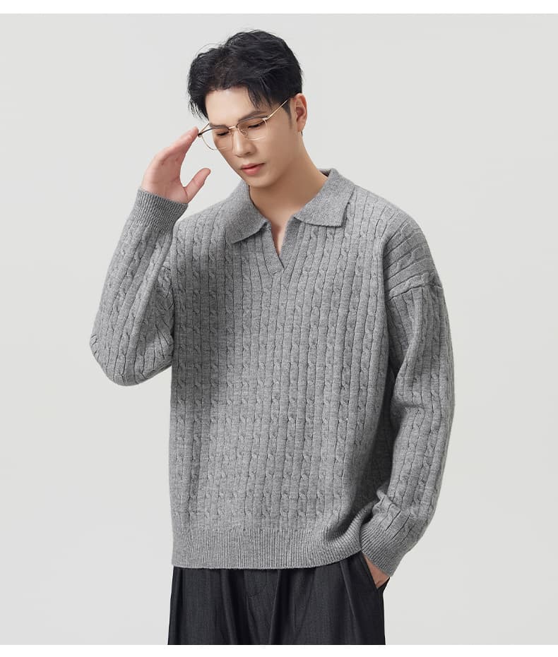 실사 가을 겨울 빛 요리 한 남성 POLO 셔츠 오래된 돈 폴로 칼라 트위스트 꽃 니트 스웨터 스웨터 느긋한 학원 스웨터 상세 이미지 10
