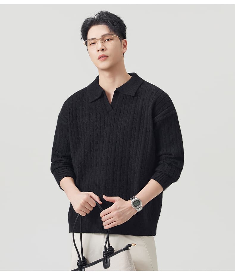 실사 가을 겨울 빛 요리 한 남성 POLO 셔츠 오래된 돈 폴로 칼라 트위스트 꽃 니트 스웨터 스웨터 느긋한 학원 스웨터 상세 이미지 18