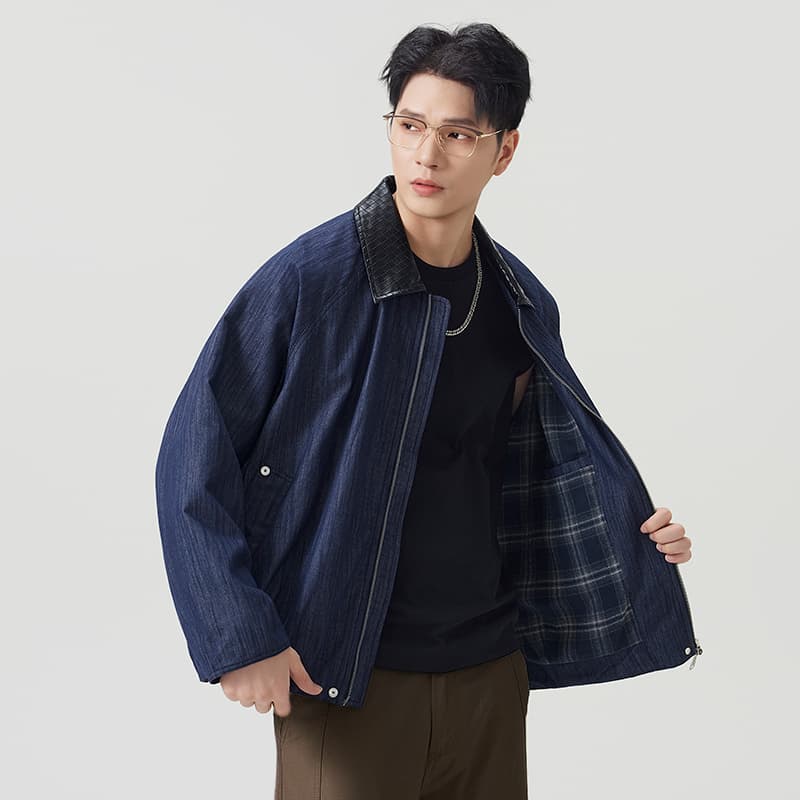 실사 가을 겨울 새로운 아메리칸 조수 브랜드 페이딩 원본 암소 색상 폴로 칼라 카우보이 바깥 남성 세트 고급 체크무늬 안감 재킷 이미지 4