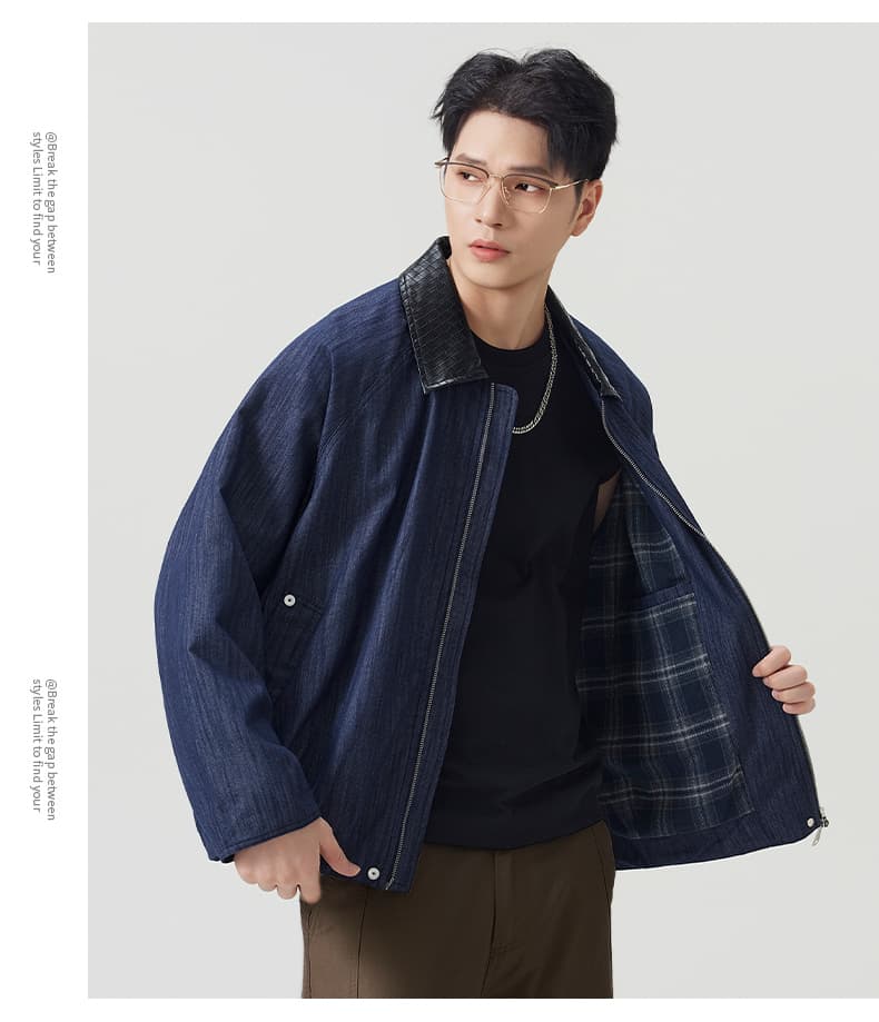실사 가을 겨울 새로운 아메리칸 조수 브랜드 페이딩 원본 암소 색상 폴로 칼라 카우보이 바깥 남성 세트 고급 체크무늬 안감 재킷 상세 이미지 9