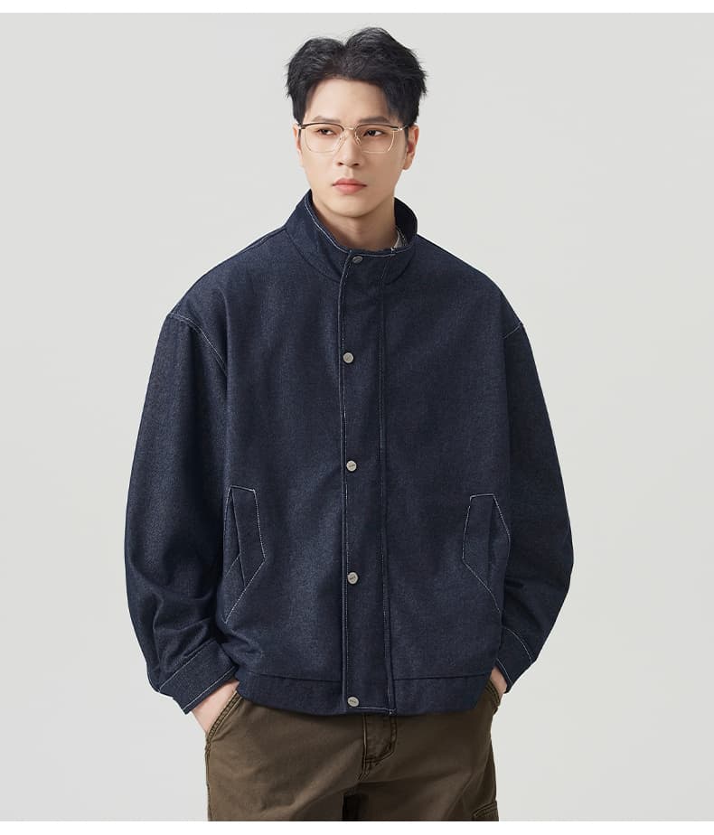 실사 가을 겨울 새로운 캐주얼 바람 원색 카우보이 바깥 남성 세트 미니멀리즘 다용도 패션 스탠드 칼라 출퇴근 데님 재킷 상세 이미지 10