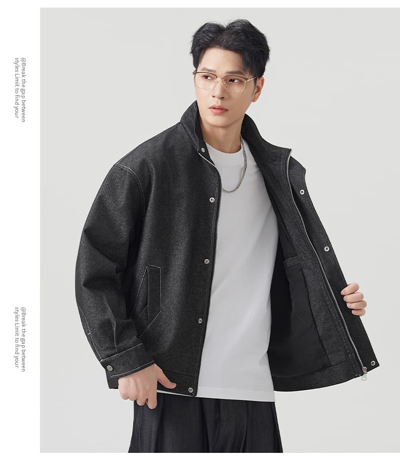 실사 가을 겨울 새로운 캐주얼 바람 원색 카우보이 바깥 남성 세트 미니멀리즘 다용도 패션 스탠드 칼라 출퇴근 데님 재킷 상세 이미지 13