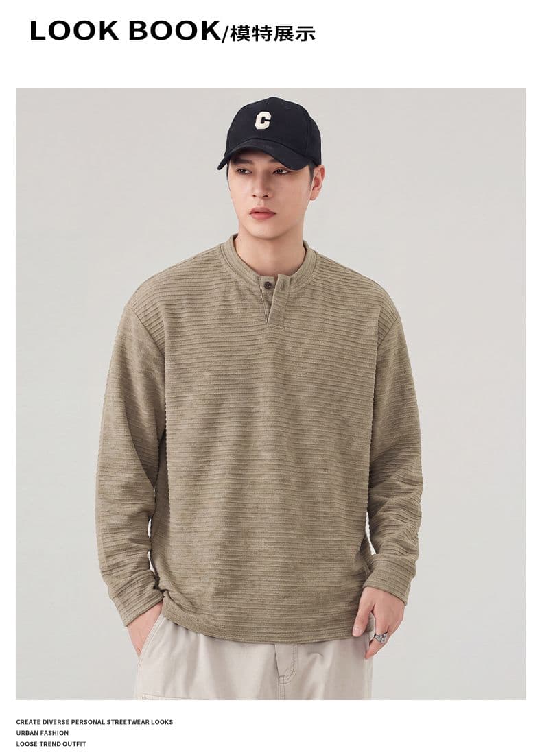 실사 가을 긴팔 티셔츠 남자 라운드 넥 루즈핏 캐주얼 단추 디자인 다용도 트렌드 질감 센스 티셔츠 상세 이미지 5