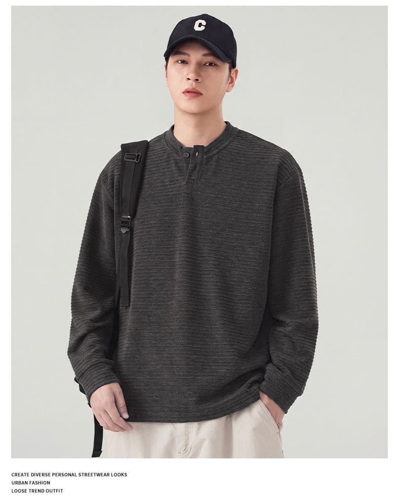 실사 가을 긴팔 티셔츠 남자 라운드 넥 루즈핏 캐주얼 단추 디자인 다용도 트렌드 질감 센스 티셔츠 상세 이미지 17