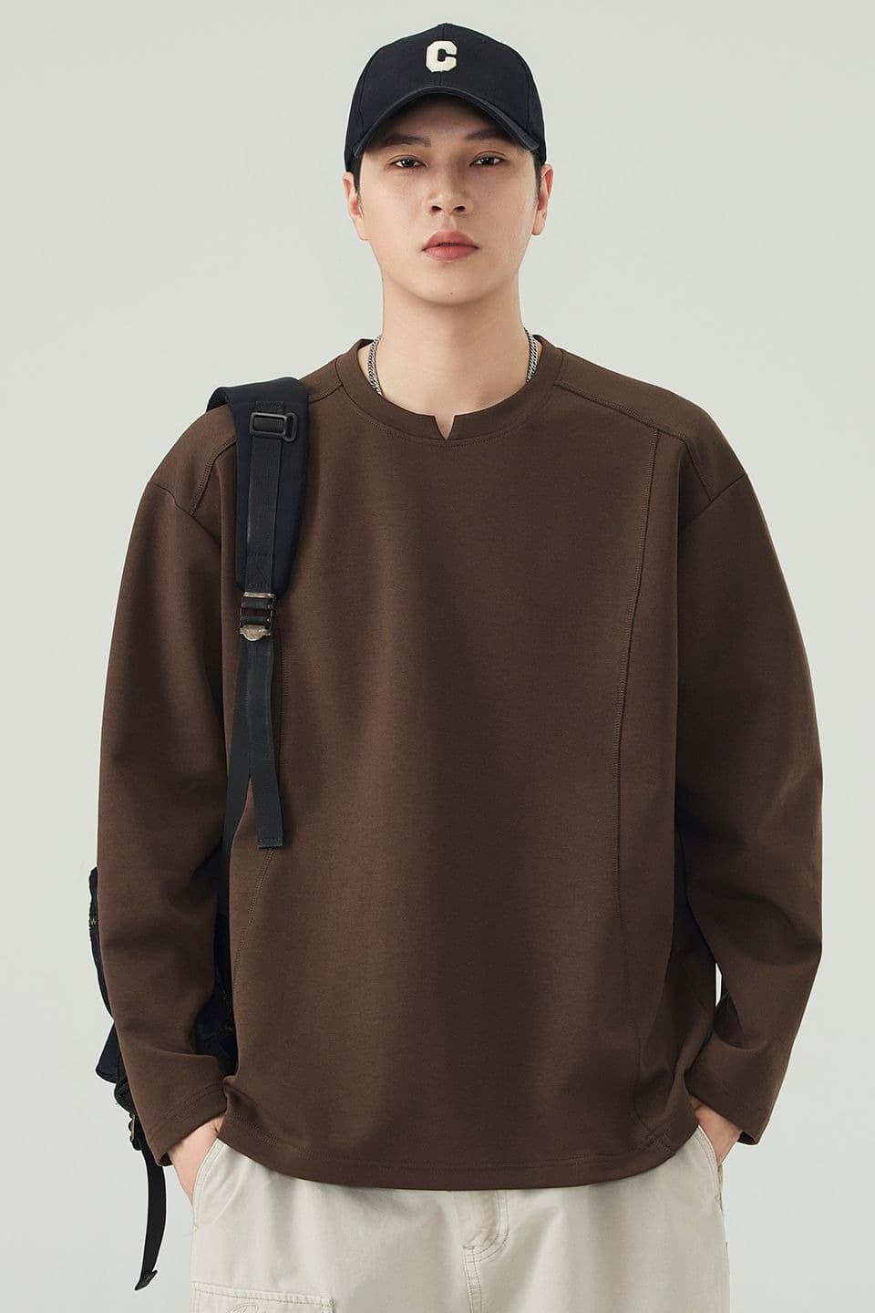 실사 가을 긴팔 티셔츠 남성 구조 섹션 라운드 넥 풀오버 루즈핏 티셔츠 무거운 다용도 트렌드 미니멀리즘 이미지 6