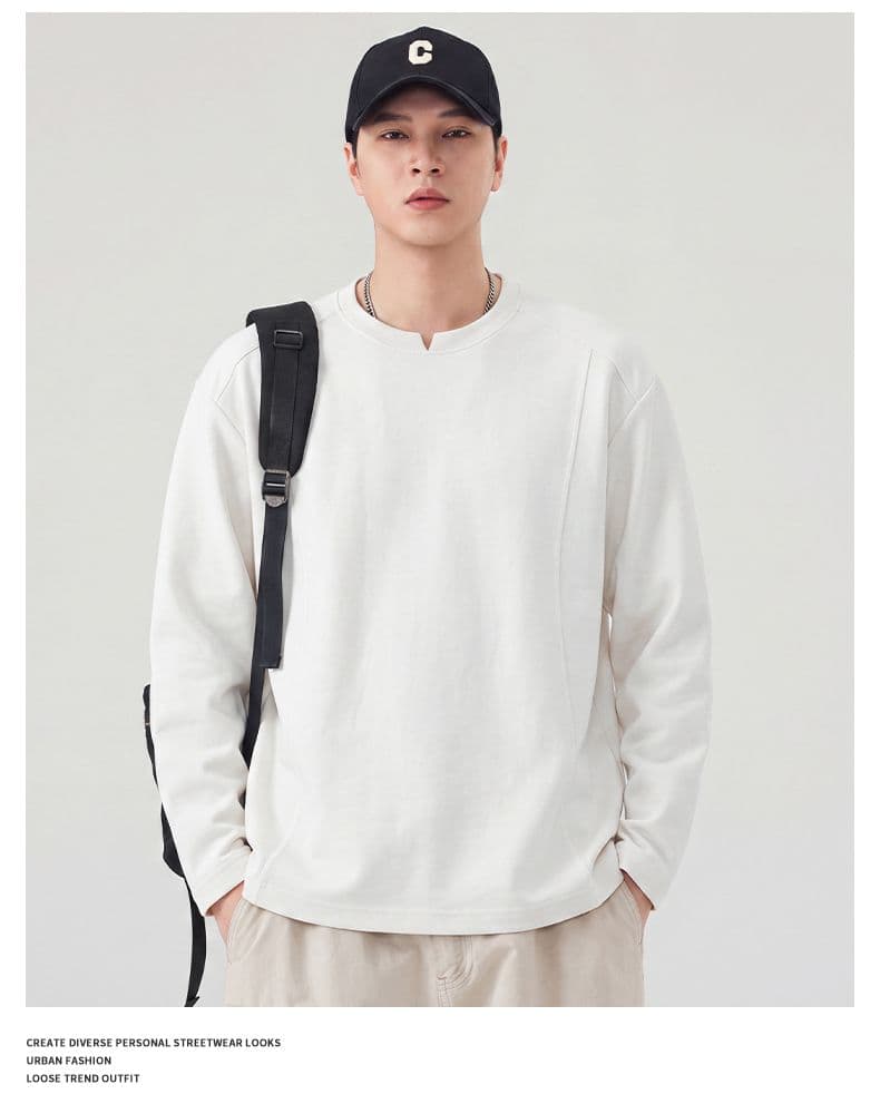 실사 가을 긴팔 티셔츠 남성 구조 섹션 라운드 넥 풀오버 루즈핏 티셔츠 무거운 다용도 트렌드 미니멀리즘 상세 이미지 6