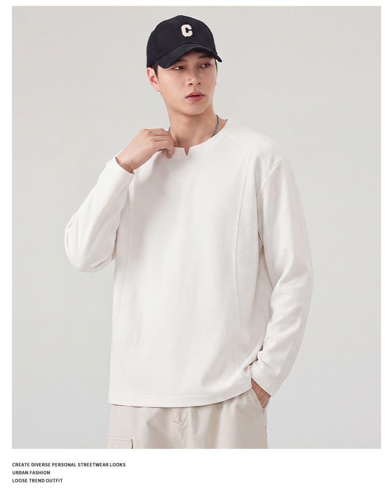 실사 가을 긴팔 티셔츠 남성 구조 섹션 라운드 넥 풀오버 루즈핏 티셔츠 무거운 다용도 트렌드 미니멀리즘 상세 이미지 8