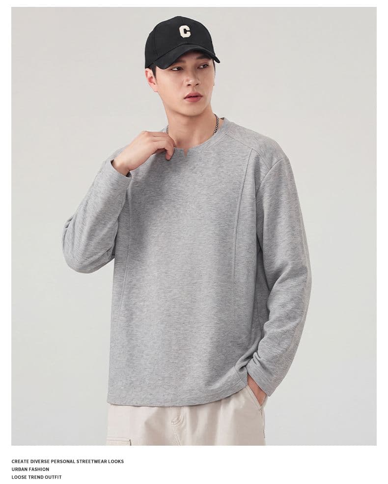 실사 가을 긴팔 티셔츠 남성 구조 섹션 라운드 넥 풀오버 루즈핏 티셔츠 무거운 다용도 트렌드 미니멀리즘 상세 이미지 13