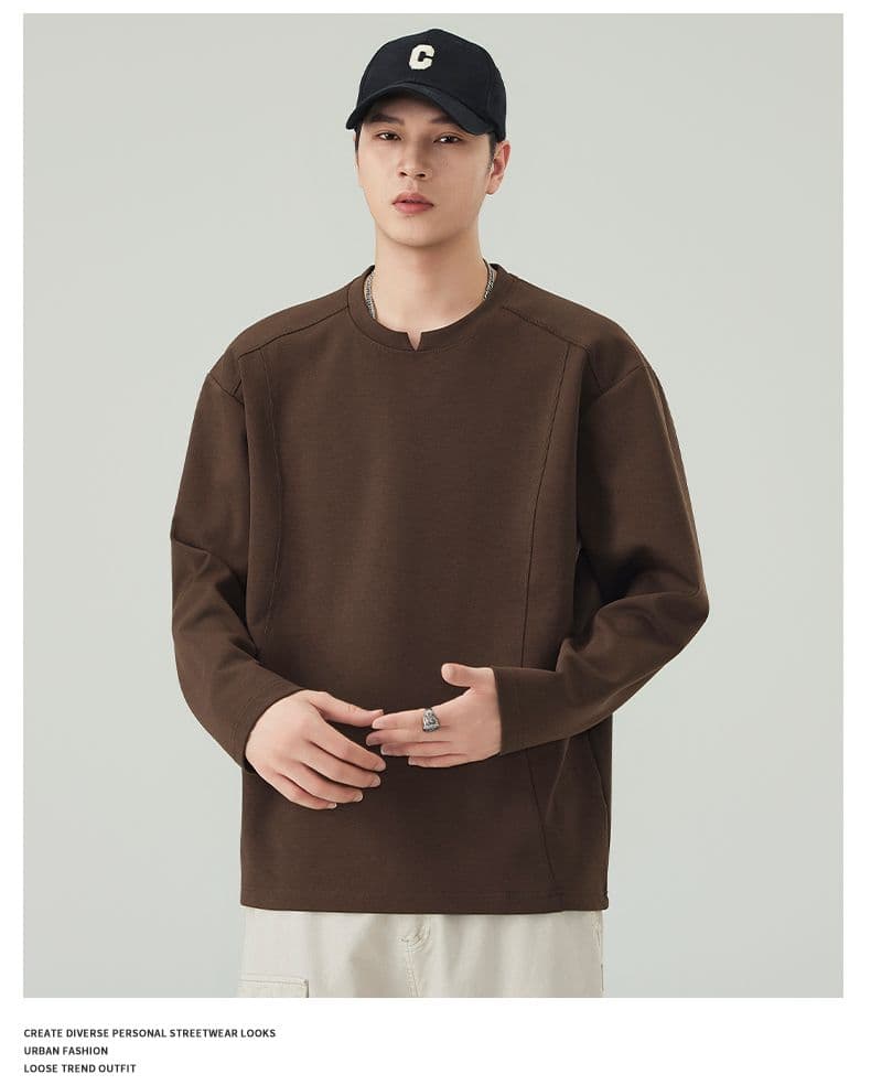 실사 가을 긴팔 티셔츠 남성 구조 섹션 라운드 넥 풀오버 루즈핏 티셔츠 무거운 다용도 트렌드 미니멀리즘 상세 이미지 15